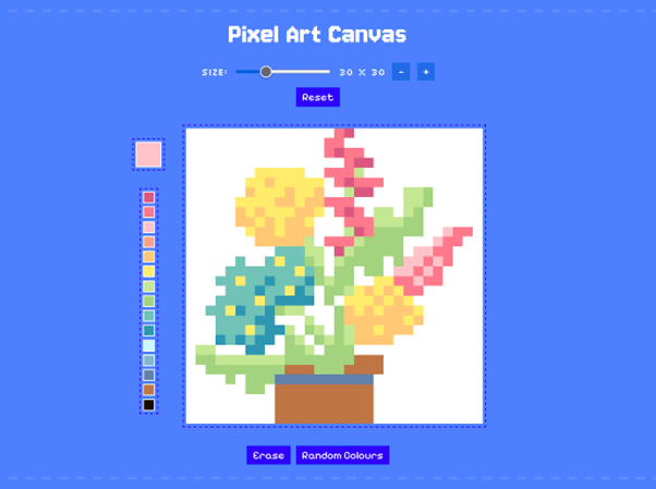 Screenshot of Pixel Art Canvas website with art of flowers on the canvas.